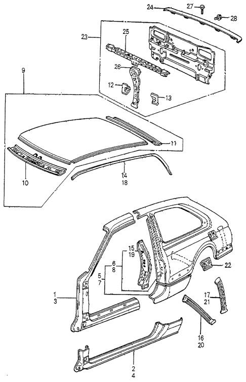 1982 accord DX 3 DOOR HMT BODY STRUCTURE COMPONENTS (2) 3DR diagram 1982 accord DX 3 DOOR HMT BODY STRUCTURE COMPONENTS (2) 3DR diagram