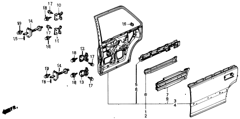 1991 civic DX 4 DOOR 5MT REAR DOOR PANELS diagram 1991 civic DX 4 DOOR 5MT REAR DOOR PANELS diagram