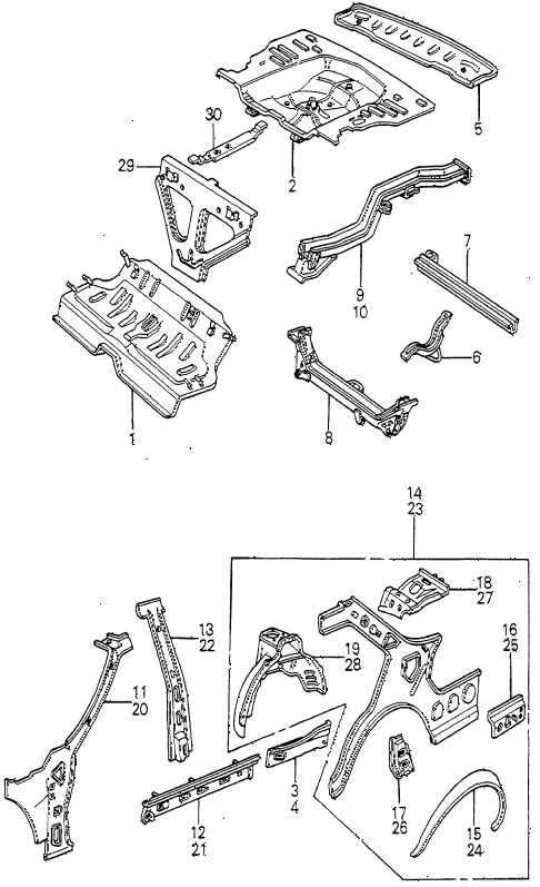 1980 accord DX 4 DOOR 5MT BODY STRUCTURE COMPONENTS (5) diagram