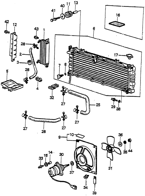 1980 prelude ** 2 DOOR HMT RADIATOR - FAN MOTOR - OIL COOLER diagram