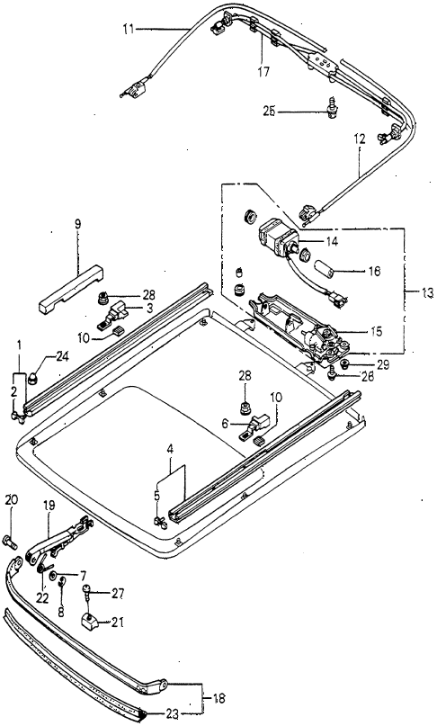 1980 prelude ** 2 DOOR HMT ROOF GUIDE RAIL - ROOF MOTOR diagram