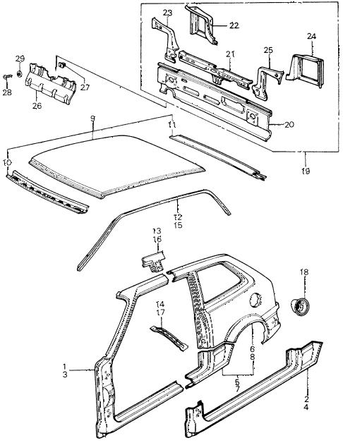 1980 civic **(1500) 3 DOOR 4MT BODY STRUCTURE - OUTER PANEL (1) diagram