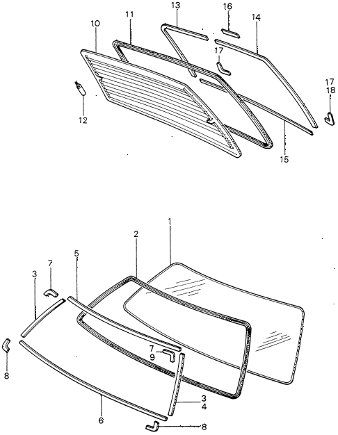 1982 civic DX(1500) 3 DOOR 5MT WINDSHIELD - REAR WINDOW diagram 1982 civic DX(1500) 3 DOOR 5MT WINDSHIELD - REAR WINDOW diagram