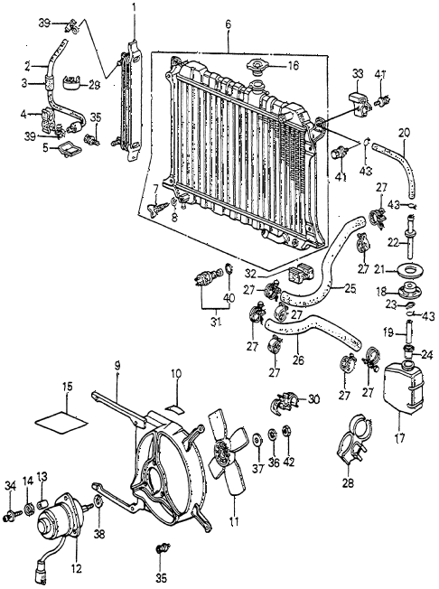 1982 accord DX 4 DOOR 5MT RADIATOR - FAN MOTOR - OIL COOLER diagram