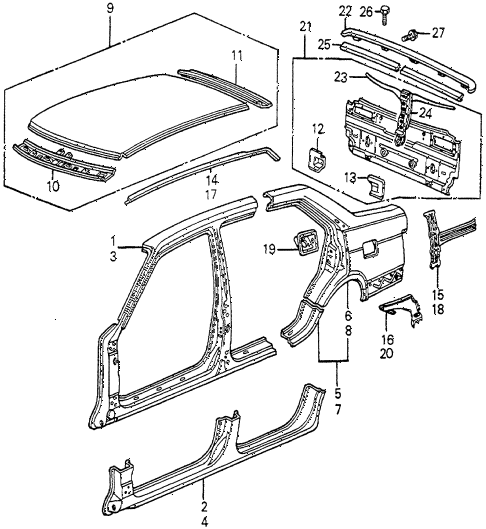 1982 accord DX 4 DOOR HMT BODY STRUCTURE COMPONENTS (3) 4DR diagram