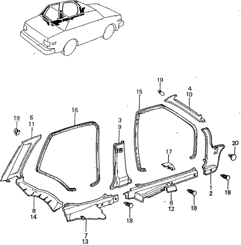 1982 civic **(1500) 4 DOOR HMT SIDE GARNISH - DOOR OPENING TRIM diagram 1982 civic **(1500) 4 DOOR HMT SIDE GARNISH - DOOR OPENING TRIM diagram