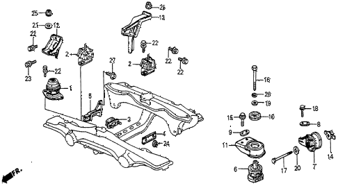 1986 prelude DX 2 DOOR 4AT ENGINE MOUNT diagram